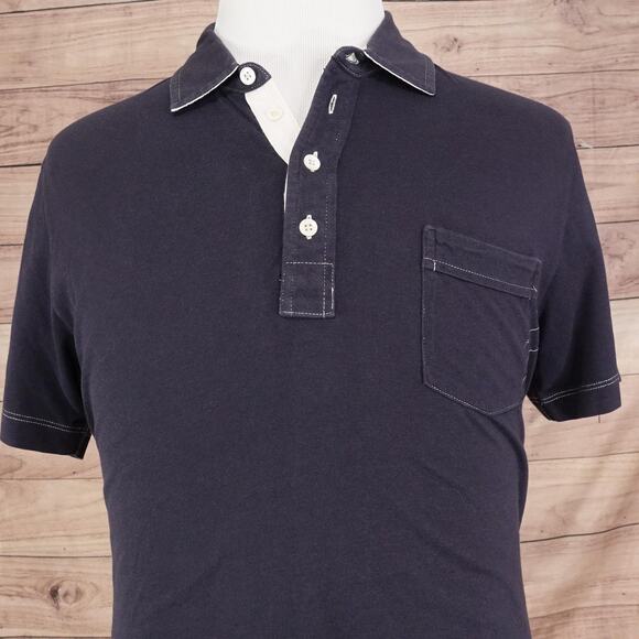 Billy Reid Polo Shirt Mens Large Navy Blue Contrast Stitch Button Placket Pocket - Picture 1 of 9